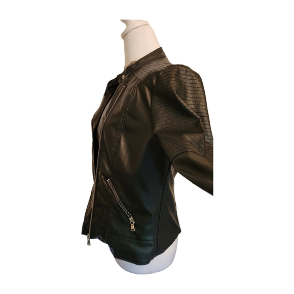 New Look Faux Leather Moto Jacket Black Full Zip Pockets Short Stylish Sz M EU - Picture 6 of 11